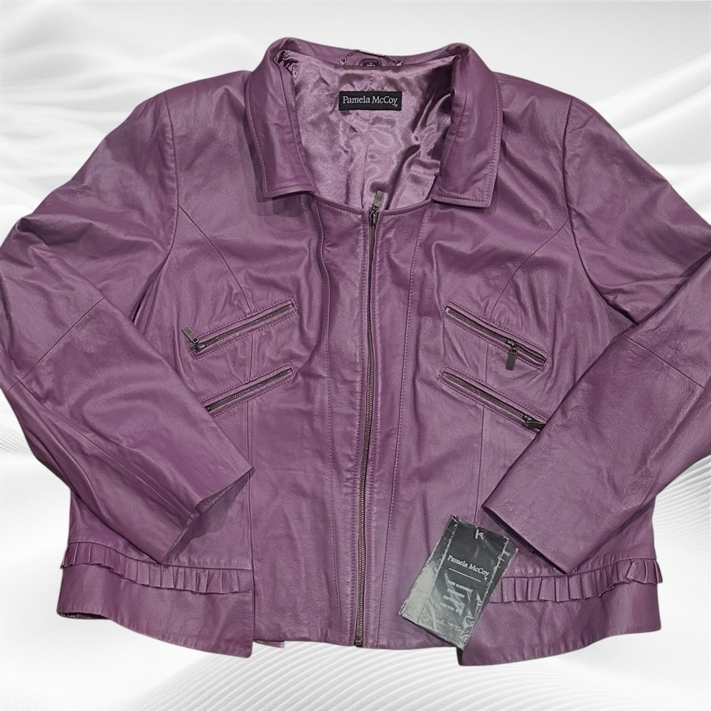 Pamela McCoy Purple Lavender 100% Genuine Leather Zip‎ Up Jacket Size 3X Moto